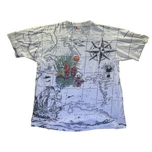 Vintage Caribbean Map Graphic T-Shirt XL White Compass Parrot Cotton USA